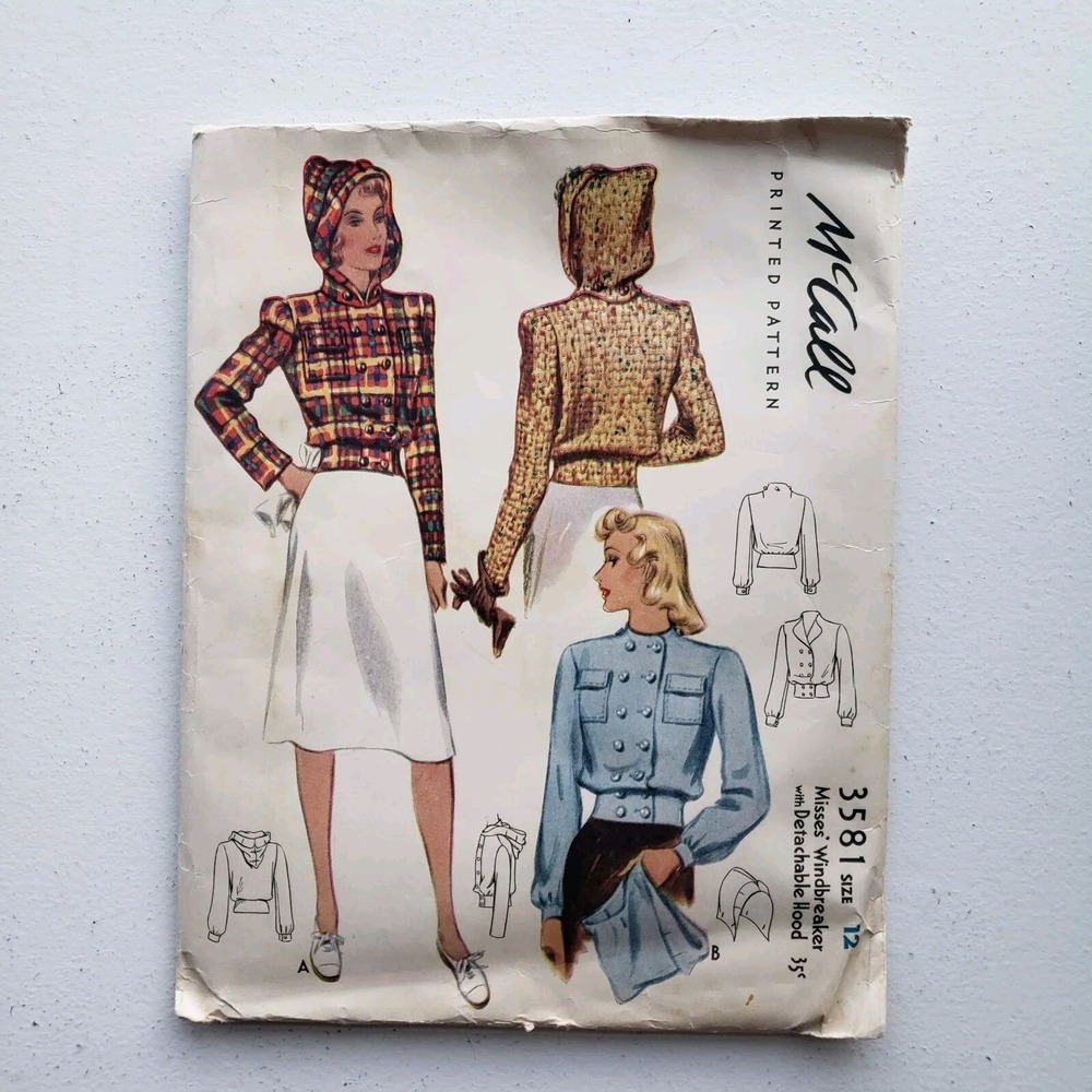 1940s Vintage McCalls 3581 Ski Windbreaker Jacket Removable Hoody Sewing Pattern